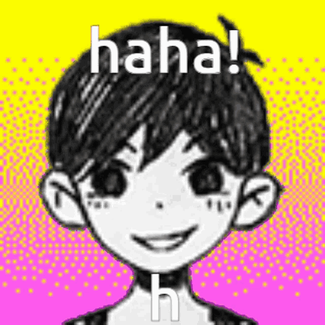 a black and white drawing of a boy with a yellow background and the words `` haha ! ''