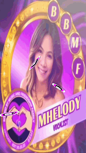 a woman is making a heart with her hands in a circle with the name mhelody on it .