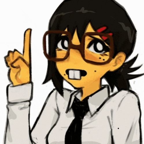 a drawing of a girl wearing glasses pointing up