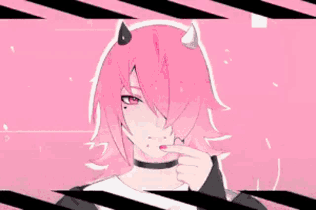 a girl with pink hair and horns is making a funny face