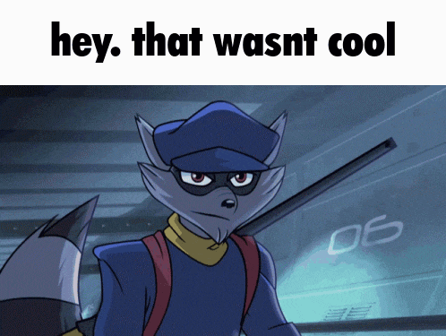 a cartoon of a raccoon with the words hey that wasnt cool below him