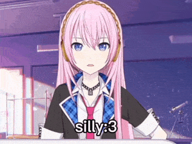 a pink haired anime girl with the words silly 3 on the bottom right