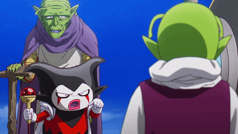 a cartoon character with a purple cape is standing next to a green character