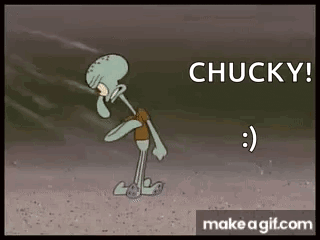 a cartoon of squidward from spongebob squarepants standing in the sand with the words `` chucky '' written on it .
