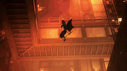a person flying through the air with a sword