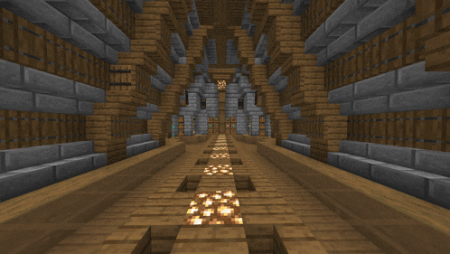a screenshot of a minecraft game showing a wooden hallway