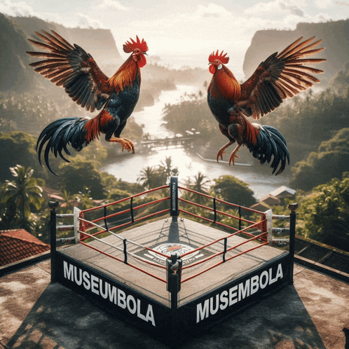 two roosters in a boxing ring that says musembola