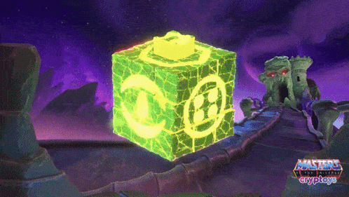 a masters of the universe cryptage advertisement with a green cube in the background