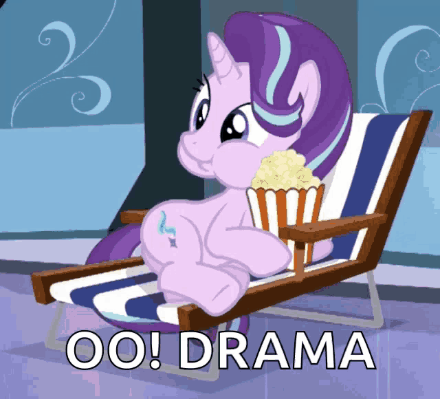 a cartoon pony is sitting in a chair with a bag of popcorn and the words oo! drama below it