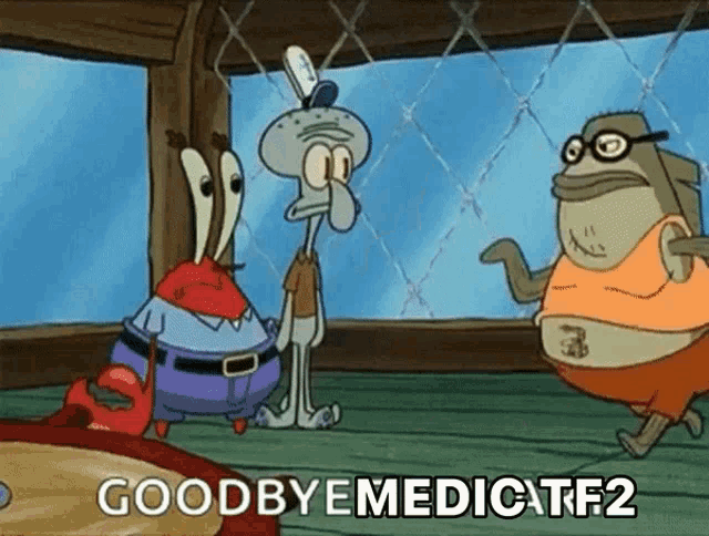 a cartoon of squidward and mrs. krabs saying goodbye medic tf2
