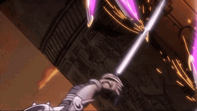 a cartoon character is holding two purple swords in his hands