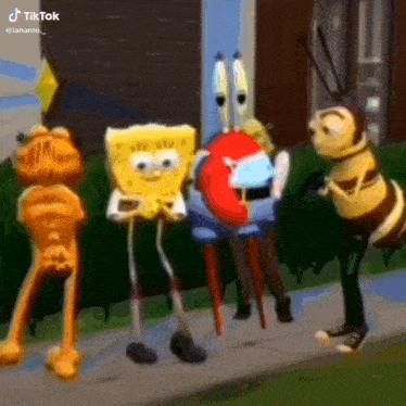 a group of cartoon characters are standing next to each other on a sidewalk in front of a building .