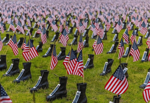 a field filled with american flags and boots with a name tag on them