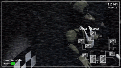 a video game screen shows the show stage at 12 am on night 5