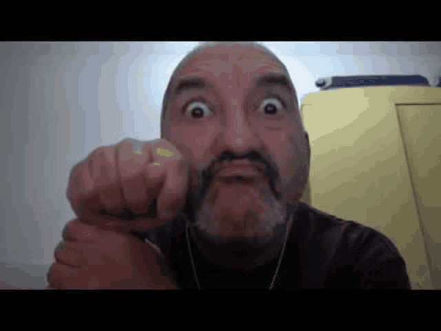 a bald man with a beard and mustache is making a funny face while pointing at the camera .