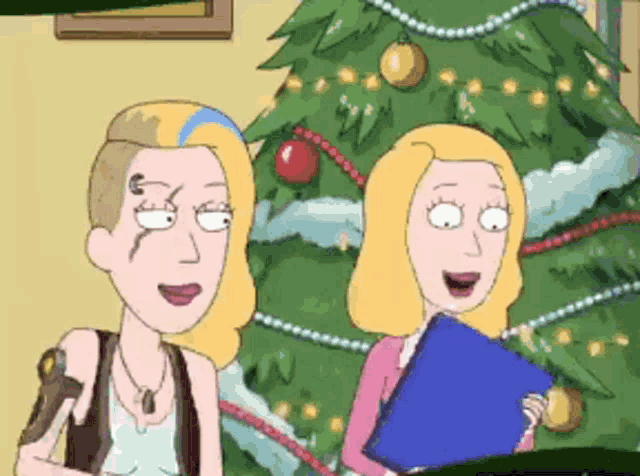 a couple of cartoon characters standing next to a christmas tree