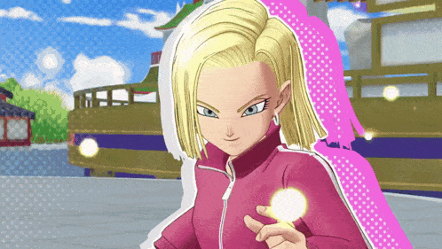 a cartoon character with blonde hair and blue eyes wearing a pink jacket