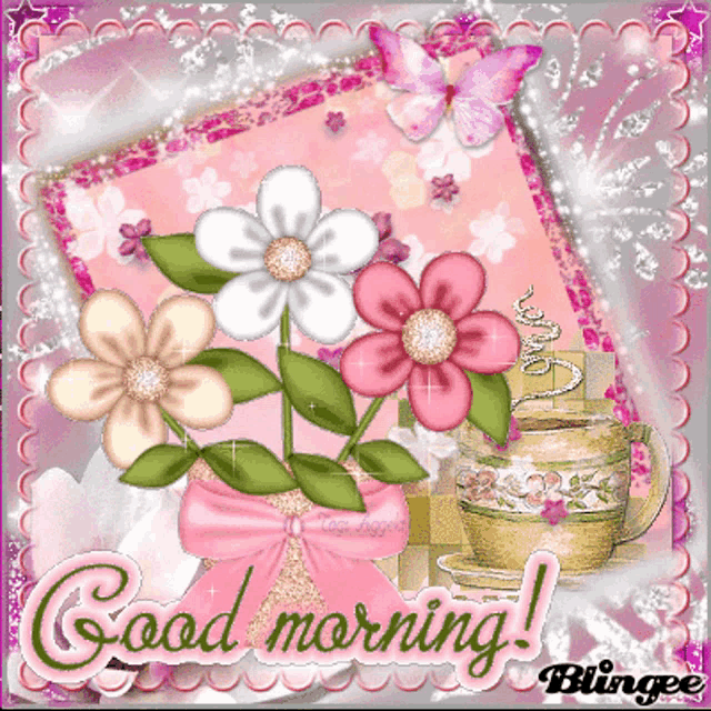 a card that says good morning with flowers and cups