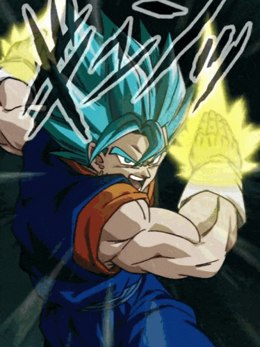 a drawing of a cartoon character with blue hair and a yellow light behind him