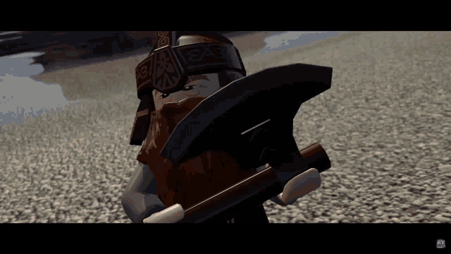 a lego character with a beard and a helmet holding a large axe