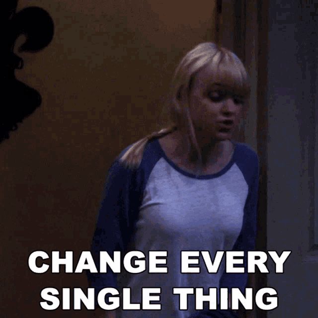 a woman stands in front of a door with the words change every single thing