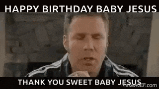 a man is praying with his eyes closed and saying `` happy birthday baby jesus , thank you sweet baby jesus '' .