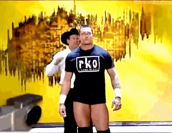 a wrestler wearing a black t-shirt with the word pko on it is standing next to a cowboy .