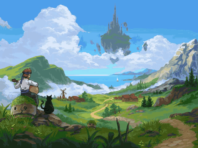 a pixel art of a man playing a guitar in a landscape with a cat