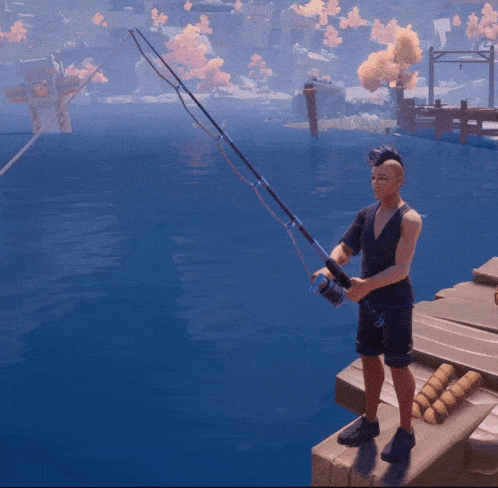 a man fishing in a video game with a mohawk