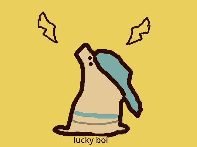 a yellow background with a drawing of a ghost and the words lucky boi