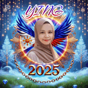 a woman in a hijab is surrounded by wings and the year 2025