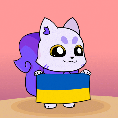 a cartoon cat is holding a blue and yellow flag in its paws