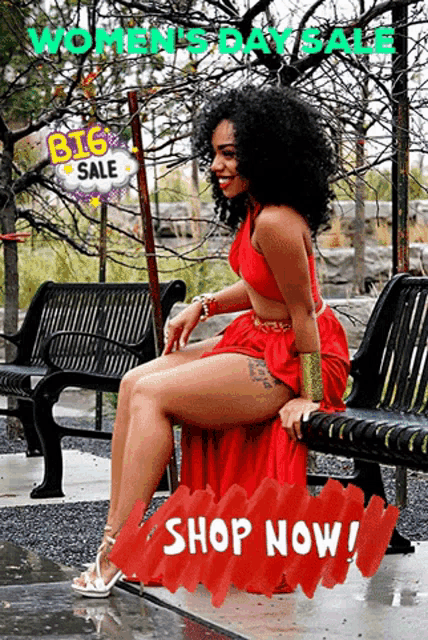 a woman in a red dress sits on a bench with a sign that says women 's day sale shop now
