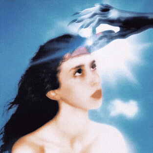 a painting of a woman with a hand reaching out to her head