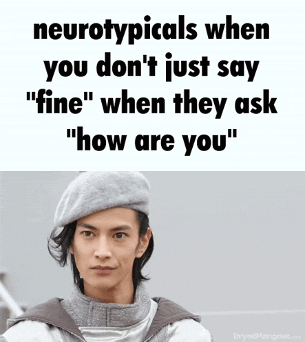 a picture of a man with a caption that says neurotypicals when you don t just say " fine "