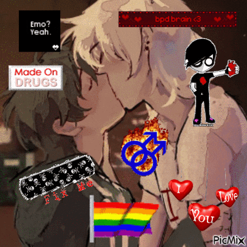a couple kissing with a sign that says emo yeah