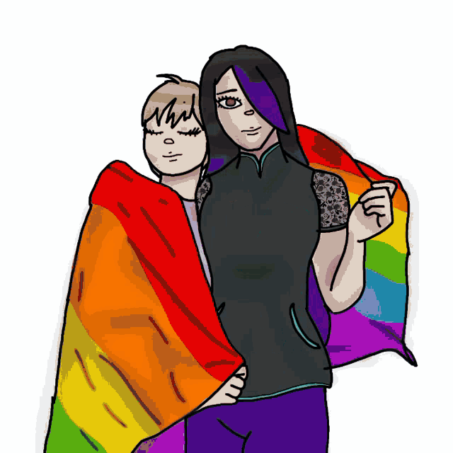 a drawing of two people wrapped in a rainbow colored blanket