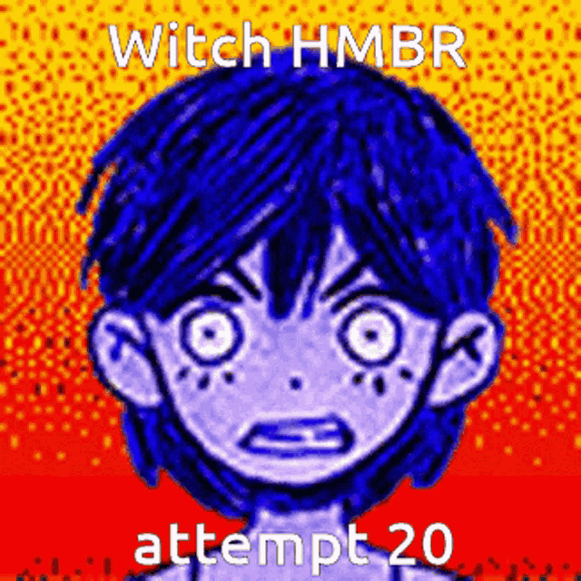 a pixel art of a boy with blue hair and the words witch hmbr attempt 20 below him