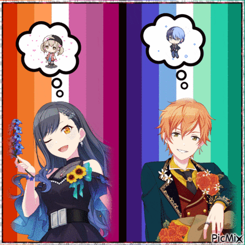 a boy and a girl are standing next to each other with speech bubbles above their heads that say picmix