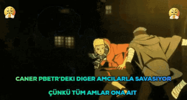 a cartoon of two men fighting with the words caner pbetr 'deki diger amcilarla savaşiyor written below them