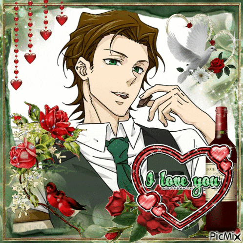 a picture of a man in a suit and tie with a heart that says i love you