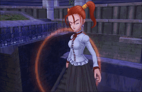 a video game character with red hair is holding a glowing object