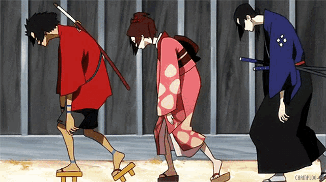 a cartoon of three samurai standing next to each other with a caption that says ' champlock ' on the bottom