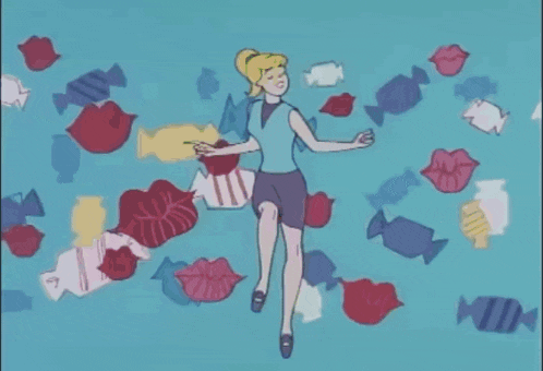a cartoon of a woman surrounded by candy