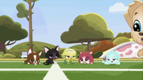 a group of cartoon animals are playing on a field
