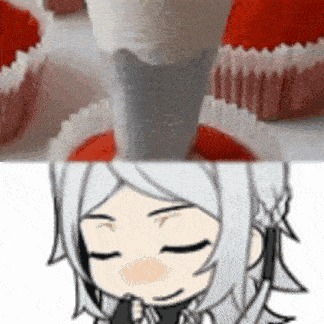 a cartoon of a girl with her eyes closed next to a picture of cupcakes and ice cream cones .