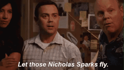 a man in a plaid shirt is standing in front of a group of people and says `` let those nicholas sparks fly ''