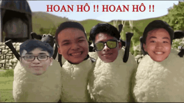 a group of young men dressed as sheep with the words hoan ho written on the bottom