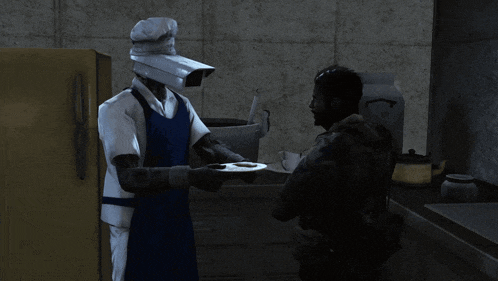 a man wearing a chef 's hat and apron holds a plate