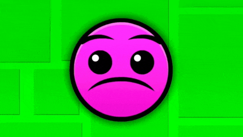 a pink smiley face with a surprised look on its face is on a green background .